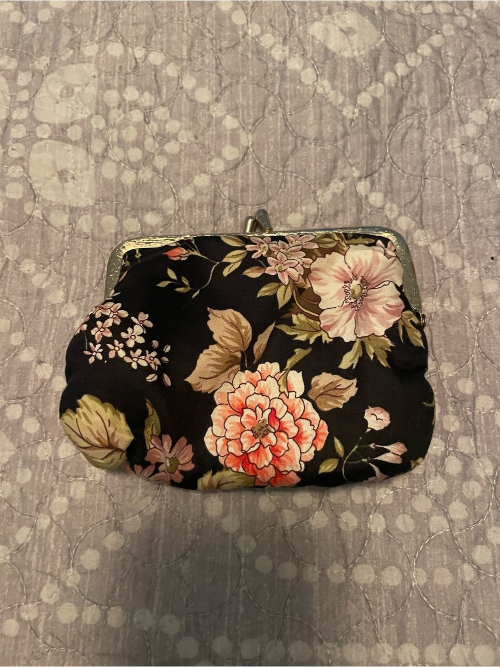 Floral Kiss-Lock Coin Purse - Black with Pink Floral Print